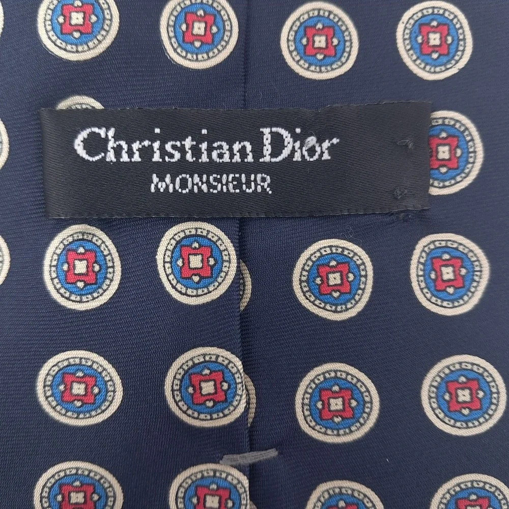 Vtg Christian Dior Monsieur Tie Navy Blue Geometric Silk Woven Italy Made USA